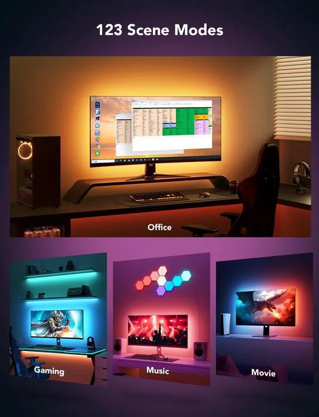 Alt view image 3 of 6 - Gaming Light for Monitor G1, RGBIC LED Backlight for 27-34 Inch PC, Smart LED Lights for Monitors with Color Matching, Adapts to Curved Monitors, Double Strip Light Beads with 123 Scene Modes
