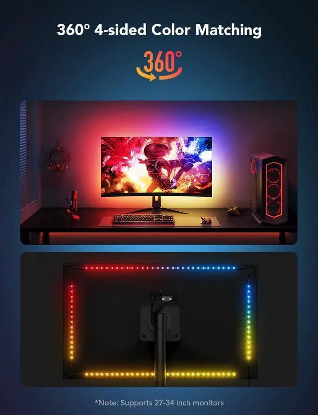 Alt view image 4 of 6 - Gaming Light for Monitor G1, RGBIC LED Backlight for 27-34 Inch PC, Smart LED Lights for Monitors with Color Matching, Adapts to Curved Monitors, Double Strip Light Beads with 123 Scene Modes