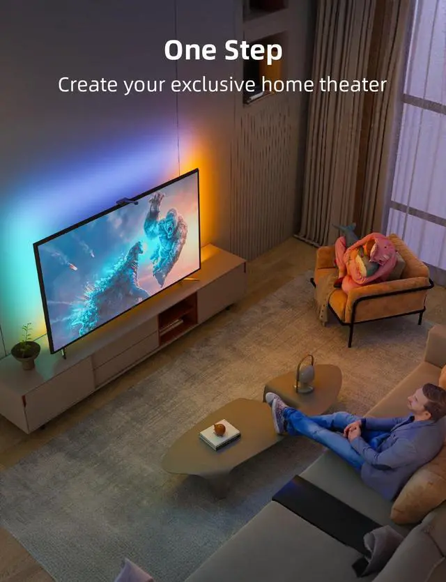 Alt view image 2 of 7 - Smart TV LED Backlight with Camera, 16.4ft LED Strip Lights Sync to Screen & Music, Color Changing Lights for TV, Works with Alexa & Google Assistant, App Control