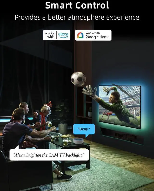 Alt view image 6 of 7 - Smart TV LED Backlight with Camera, 16.4ft LED Strip Lights Sync to Screen & Music, Color Changing Lights for TV, Works with Alexa & Google Assistant, App Control