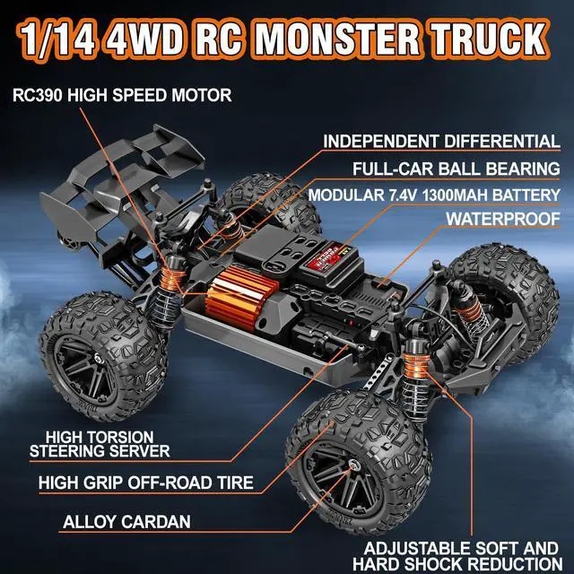 Alt view image 4 of 7 - Rc Cars 1:14 All Terrain RC Car for Adults & Boys, 4WD Off-Road RC Truck High Speed Fast 40+ KPH, 4X4 Waterproof Remote Control Car with 2 Rechargeable 1300 mAh Batteries