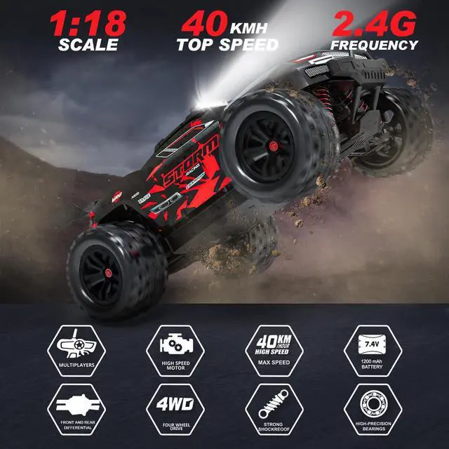 Alt view image 2 of 7 - 1:18 Scale All Terrain RC Cars, 40km/h High Speed Remote Control Car, 2.4Ghz RC Car Toys Gifts for Kids and Adults, 4WD Electric Vehicle with 2 Rechargeable Batteries, Off Road Monster Truck