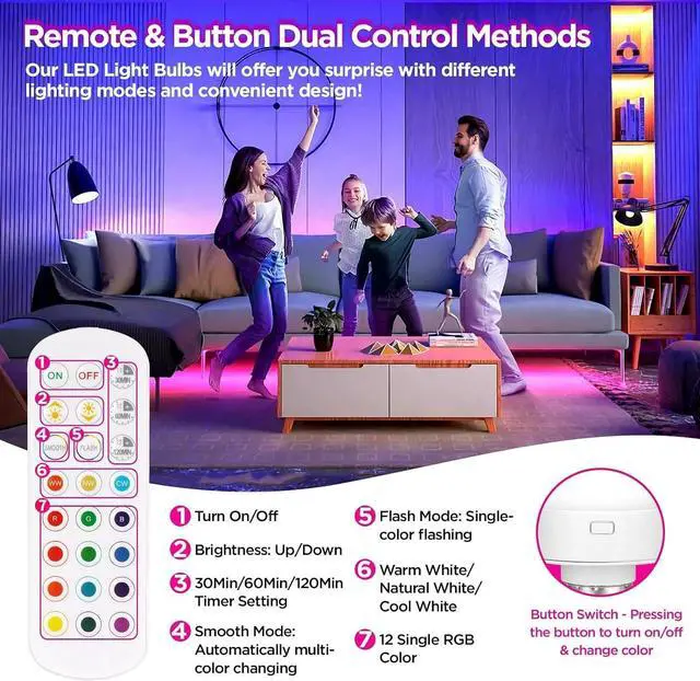 Alt view image 4 of 7 - Rechargeable Battery Operated Light Bulb with Remote & Timer, Dimmable Backup Magnetic LED Bulb with 15 Colors, Wireless Puck Light Bulb for Wall Sconce Lamps, Non-Hardwired, 2-Pack