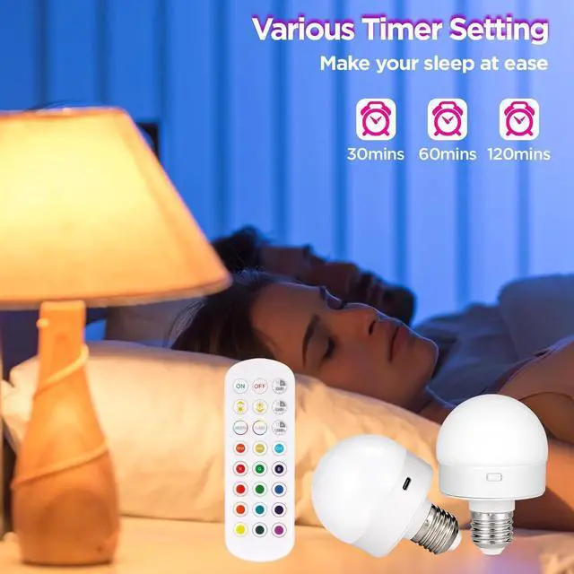 Alt view image 7 of 7 - Rechargeable Battery Operated Light Bulb with Remote & Timer, Dimmable Backup Magnetic LED Bulb with 15 Colors, Wireless Puck Light Bulb for Wall Sconce Lamps, Non-Hardwired, 2-Pack