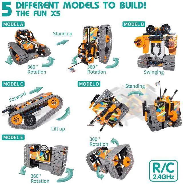 Alt view image 2 of 6 - 5 in 1 STEM Remote Control Building Kit, 392Pcs Blocks Erector Projects Set Toys for Kids Age 8-12, Build a Tank/Robot/AVT DIY Science Educate 6 7 9 10 11 Years Old for Boys & Girls Gift Ideas