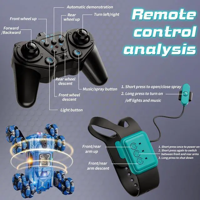Alt view image 3 of 3 - Cool 8 Wheel Gesture Control RC Stunt Car , Birthday Toys Gifts for 6 7 8-12 13 14 Year Old Boys , 2.4Ghz Hand controlled Remote Control Transform Drift Cars , Double Sided Climbing with Music & Spray