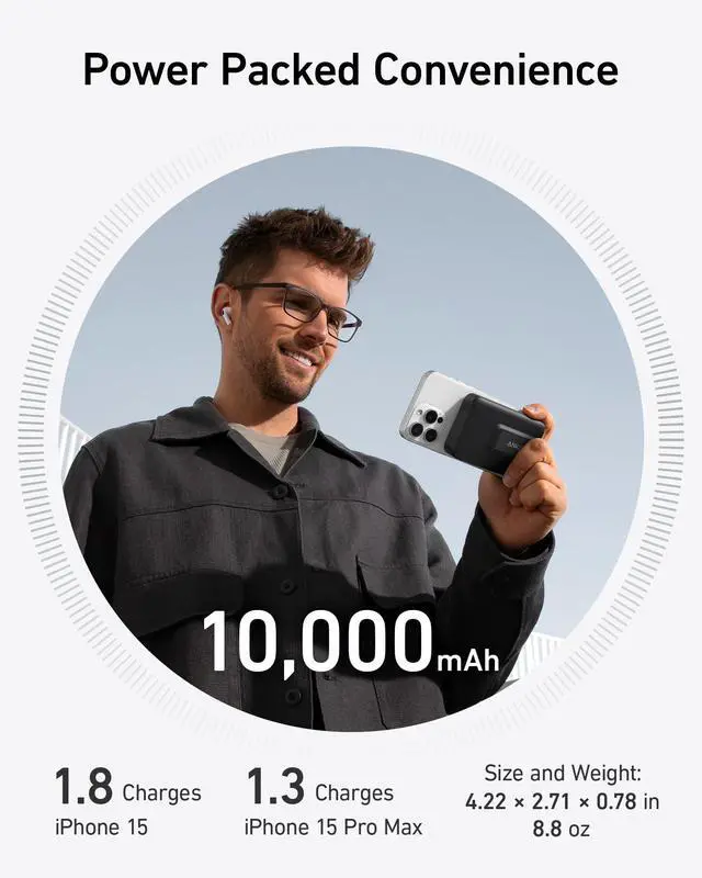 Alt view image 4 of 6 - MagGo Power Bank, Qi2 Certified 15W Ultra-Fast MagSafe-Compatible Portable Charger, 10,000mAh Battery Pack with Smart Display & Foldable Stand, For iPhone 15/14/13 Only (USB-C Cable Included)