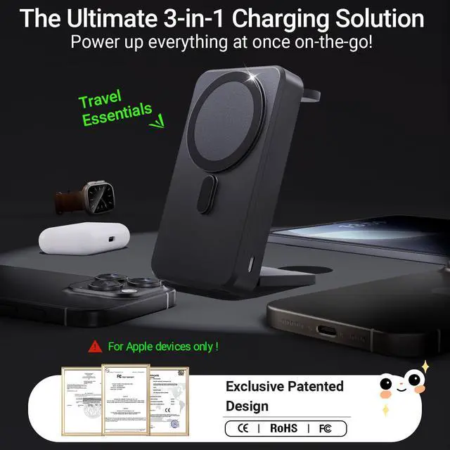 Alt view image 2 of 6 - 3-in-1 Portable Charger, 10000mAh Foldable Power Bank Fast Charging,MagSafe Charger Battery Pack Magnetic,Travel Wireless Charging Station for iPhone 16/15/14/13/12,iWatch, Air pods, Black