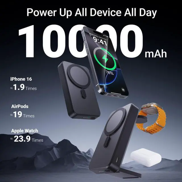 Alt view image 5 of 6 - 3-in-1 Portable Charger, 10000mAh Foldable Power Bank Fast Charging,MagSafe Charger Battery Pack Magnetic,Travel Wireless Charging Station for iPhone 16/15/14/13/12,iWatch, Air pods, Black