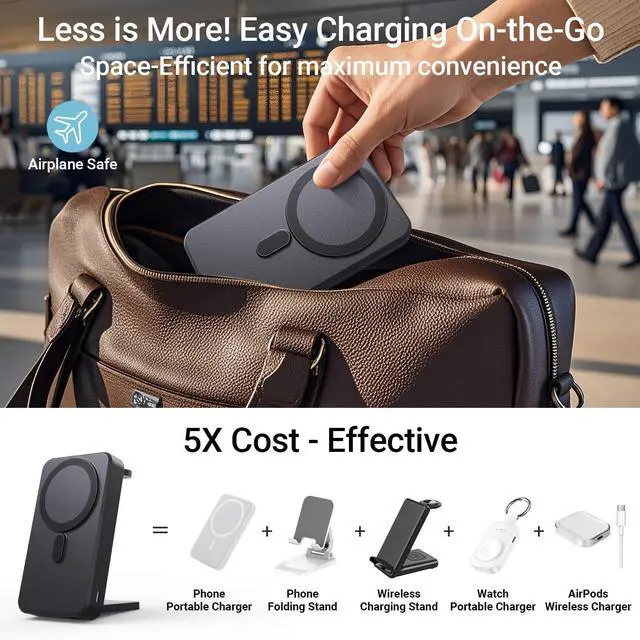 Alt view image 4 of 6 - 3-in-1 Portable Charger, 10000mAh Foldable Power Bank Fast Charging,MagSafe Charger Battery Pack Magnetic,Travel Wireless Charging Station for iPhone 16/15/14/13/12,iWatch, Air pods, Black