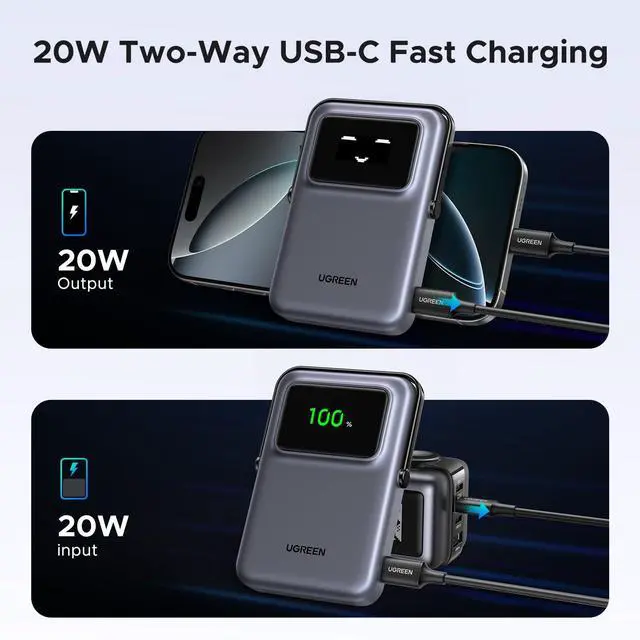 Alt view image 3 of 7 - Uno 10000mAh Magnetic Portable Charger, Qi 7.5W Wireless Power Bank, PD 20W USB C Battery Pack with Foldable Stand and TFT Display MagSafe Compatible iPhone 16/15 /14/13/12 Series, Black