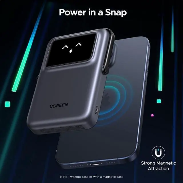 Alt view image 2 of 7 - Uno 10000mAh Magnetic Portable Charger, Qi 7.5W Wireless Power Bank, PD 20W USB C Battery Pack with Foldable Stand and TFT Display MagSafe Compatible iPhone 16/15 /14/13/12 Series, Black