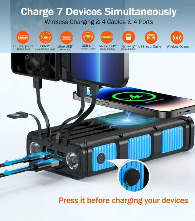Alt view image 2 of 7 - Power Bank Wireless Charger 45800mAh Built in Hand Crank and 4 Cables 15W Fast Charging Power Bank 7 Outputs & 4 Inputs Solar Portable Charger, SOS/Strobe/Strong Flashlights, Compass