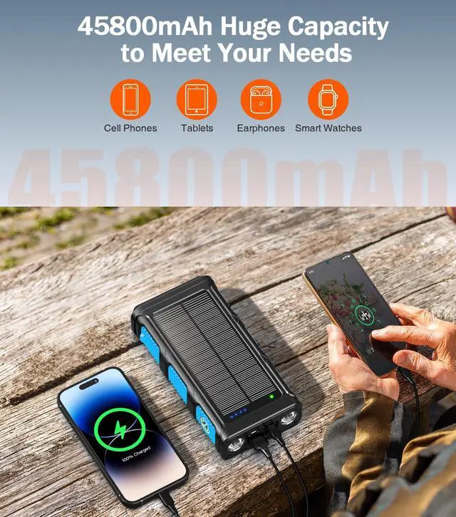 Alt view image 3 of 7 - Power Bank Wireless Charger 45800mAh Built in Hand Crank and 4 Cables 15W Fast Charging Power Bank 7 Outputs & 4 Inputs Solar Portable Charger, SOS/Strobe/Strong Flashlights, Compass