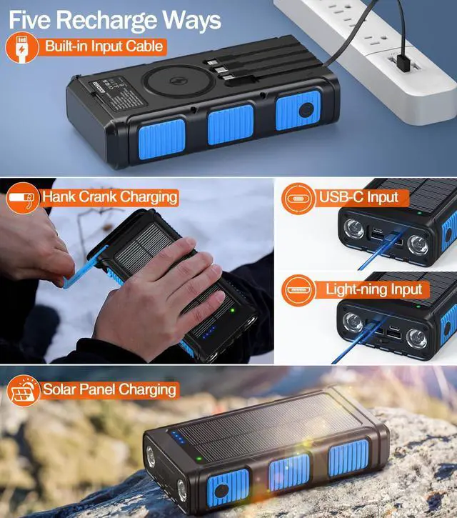 Alt view image 5 of 7 - Power Bank Wireless Charger 45800mAh Built in Hand Crank and 4 Cables 15W Fast Charging Power Bank 7 Outputs & 4 Inputs Solar Portable Charger, SOS/Strobe/Strong Flashlights, Compass