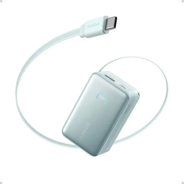 Main image of Nano Power Bank, 10,000mAh Portable Charger with 2.3 ft InstaCord Retractable Cable, 45W Max Compact Battery Pack, Smart Display, for iPhone 16/17 Series, iPad, Galaxy, Pixel, and More