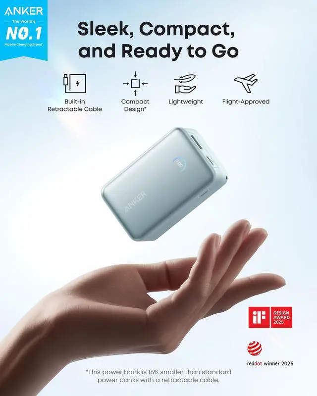 Alt view image 2 of 6 - Nano Power Bank, 10,000mAh Portable Charger with 2.3 ft InstaCord Retractable Cable, 45W Max Compact Battery Pack, Smart Display, for iPhone 16/17 Series, iPad, Galaxy, Pixel, and More