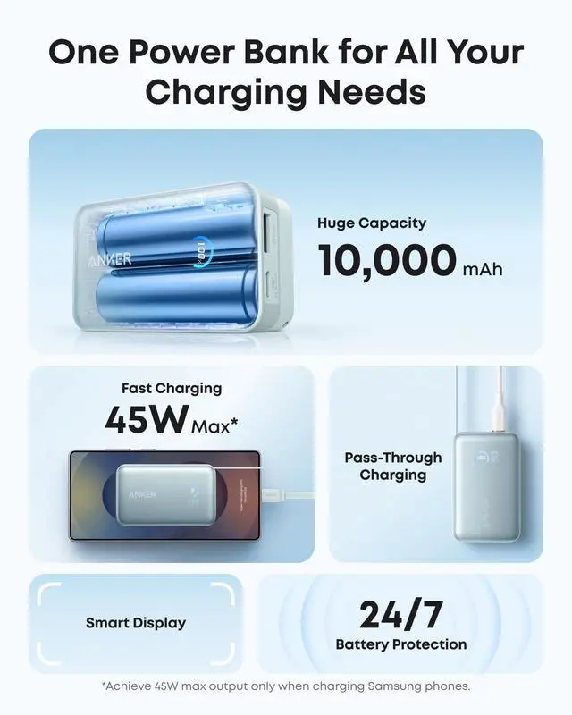 Alt view image 3 of 6 - Nano Power Bank, 10,000mAh Portable Charger with 2.3 ft InstaCord Retractable Cable, 45W Max Compact Battery Pack, Smart Display, for iPhone 16/17 Series, iPad, Galaxy, Pixel, and More