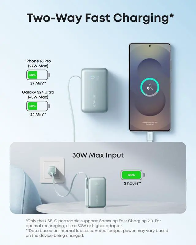 Alt view image 4 of 6 - Nano Power Bank, 10,000mAh Portable Charger with 2.3 ft InstaCord Retractable Cable, 45W Max Compact Battery Pack, Smart Display, for iPhone 16/17 Series, iPad, Galaxy, Pixel, and More