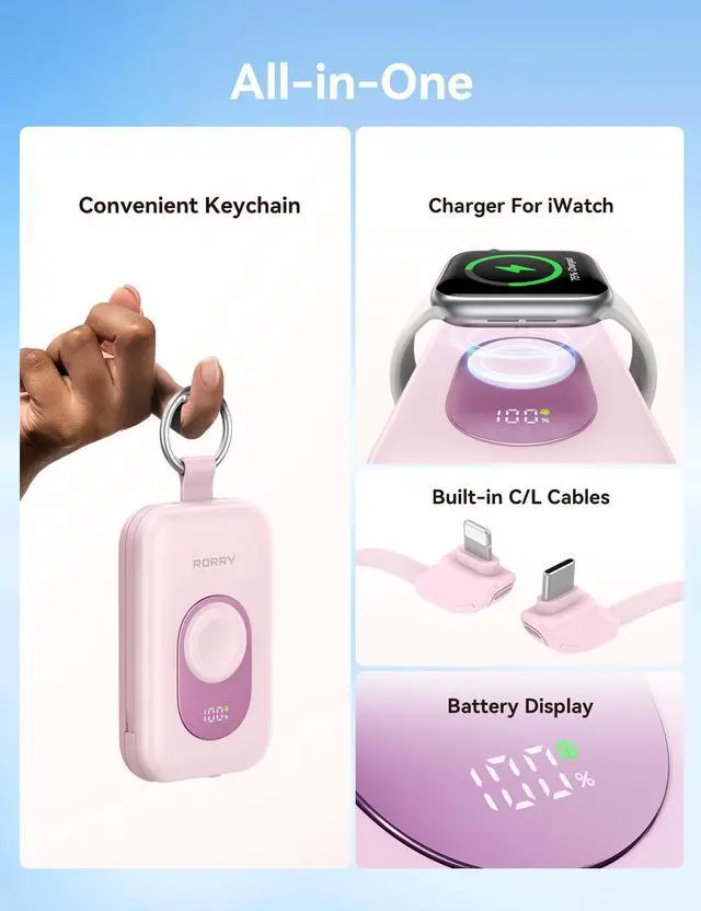 Alt view image 2 of 6 - Portable Charger, 20000mAh PD 30W Portable Charger Power Bank with 2 Built-in Cables, Super Fast Charging Battery Pack with Keychain, Travel Essentials for iPhone, Apple Watch, iPad, Pink