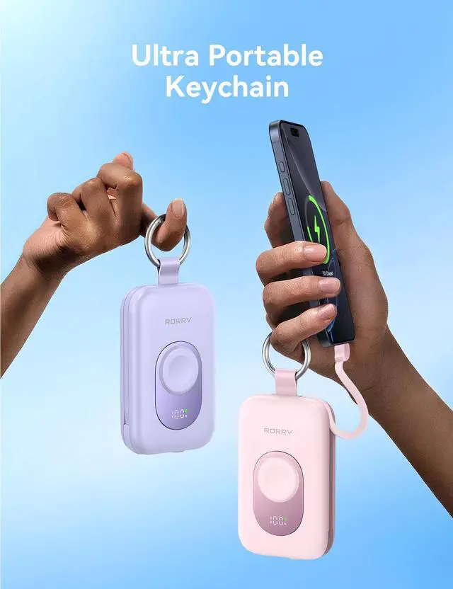 Alt view image 6 of 6 - Portable Charger, 20000mAh PD 30W Portable Charger Power Bank with 2 Built-in Cables, Super Fast Charging Battery Pack with Keychain, Travel Essentials for iPhone, Apple Watch, iPad, Pink