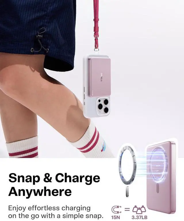 Alt view image 5 of 7 - MiniMag Power Bank,Ultra-Slim 10,000mAh Magnetic Wireless Portable Charger, 22.5W Fast Charging Battery Pack with USB-C Cable Designed for iPhone 16/15/14/13/12, Azalea Pink
