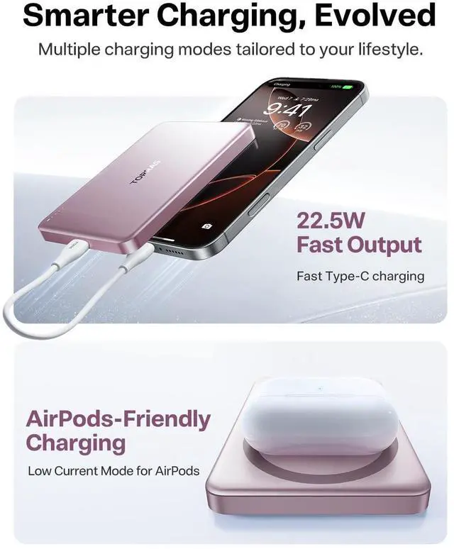 Alt view image 6 of 7 - MiniMag Power Bank,Ultra-Slim 10,000mAh Magnetic Wireless Portable Charger, 22.5W Fast Charging Battery Pack with USB-C Cable Designed for iPhone 16/15/14/13/12, Azalea Pink
