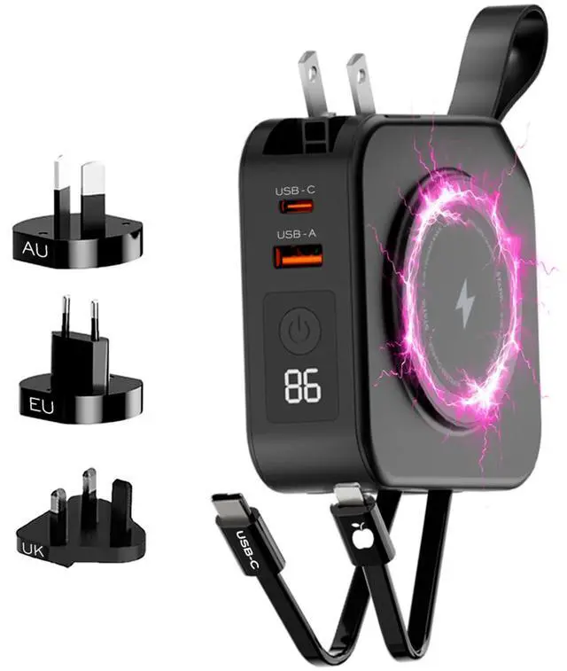 Main image of SmartCharge 5-in-1 Travel Power Bank with Wall Plug & Built in USB C Cables, 10000mAh International Travel Essentials & European Portable Charger, Compatible with iPhone 16/15/14 iPad & Samsung