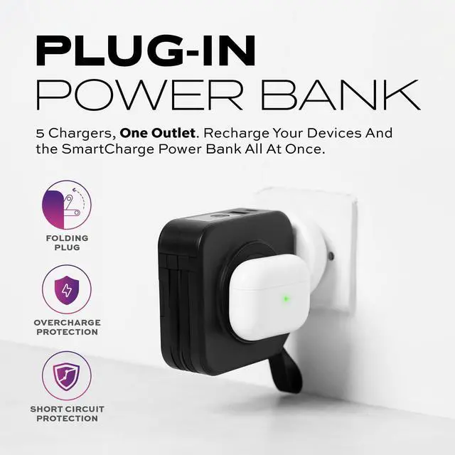 Alt view image 3 of 7 - SmartCharge 5-in-1 Travel Power Bank with Wall Plug & Built in USB C Cables, 10000mAh International Travel Essentials & European Portable Charger, Compatible with iPhone 16/15/14 iPad & Samsung