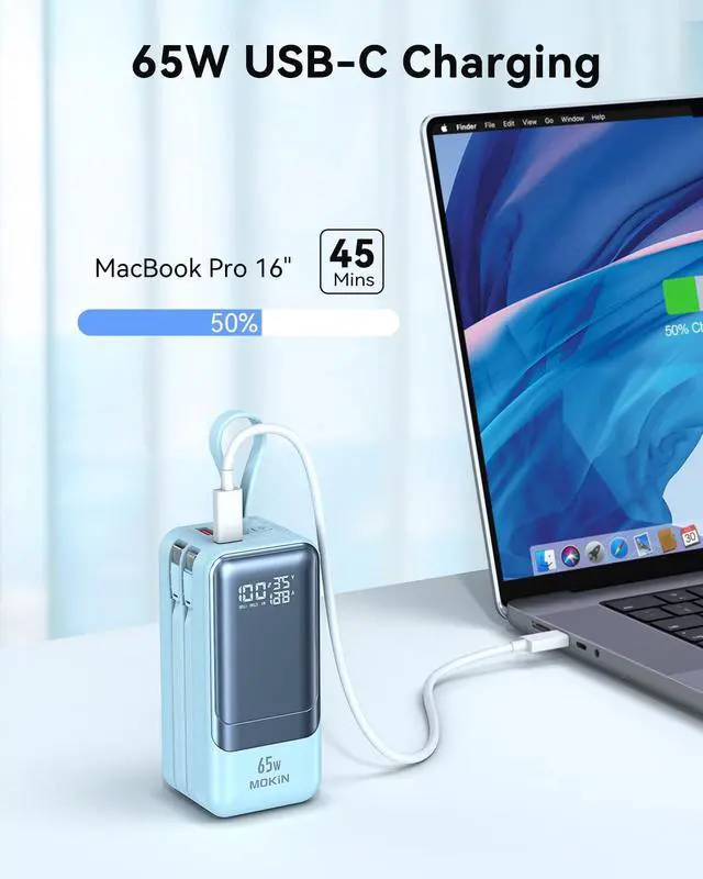 Alt view image 2 of 7 - 65W Portable Charger for Laptop, 18400mAh Power Bank with 2 Cables 4-Output, Smart Digital Display, Travel External Battery Pack for Laptop, MacBook, iPhone 15/14/13, iPad, Samsung,Blue