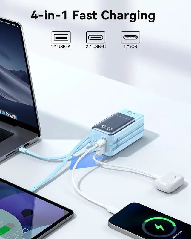 Alt view image 3 of 7 - 65W Portable Charger for Laptop, 18400mAh Power Bank with 2 Cables 4-Output, Smart Digital Display, Travel External Battery Pack for Laptop, MacBook, iPhone 15/14/13, iPad, Samsung,Blue