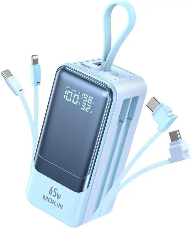 Main image of 65W Portable Charger for Laptop, 18400mAh Power Bank with 2 Cables 4-Output, Smart Digital Display, Travel External Battery Pack for Laptop, MacBook, iPhone 15/14/13, iPad, Samsung,Blue