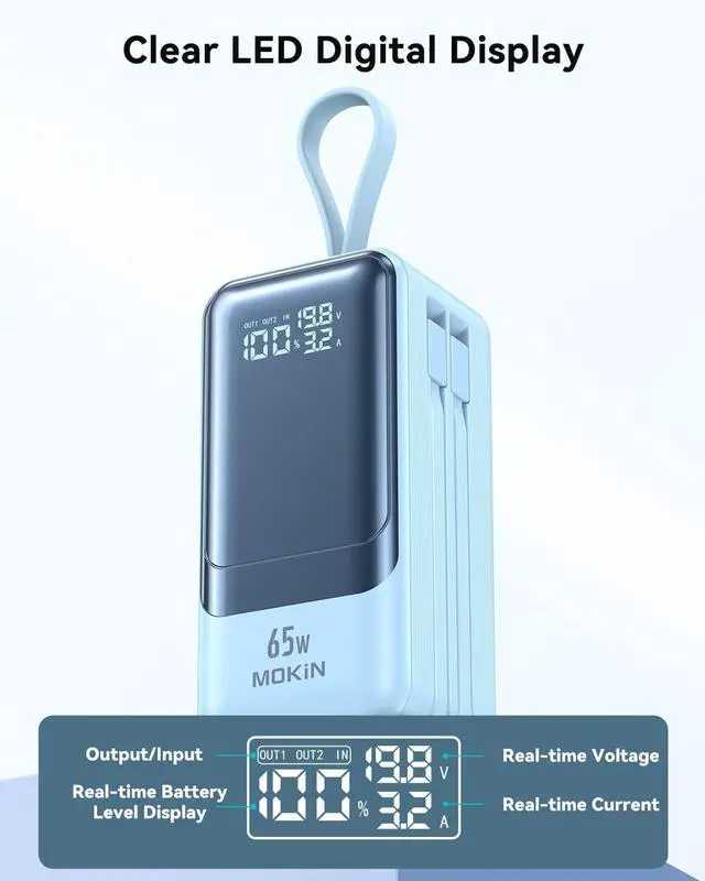 Alt view image 5 of 7 - 65W Portable Charger for Laptop, 18400mAh Power Bank with 2 Cables 4-Output, Smart Digital Display, Travel External Battery Pack for Laptop, MacBook, iPhone 15/14/13, iPad, Samsung,Blue