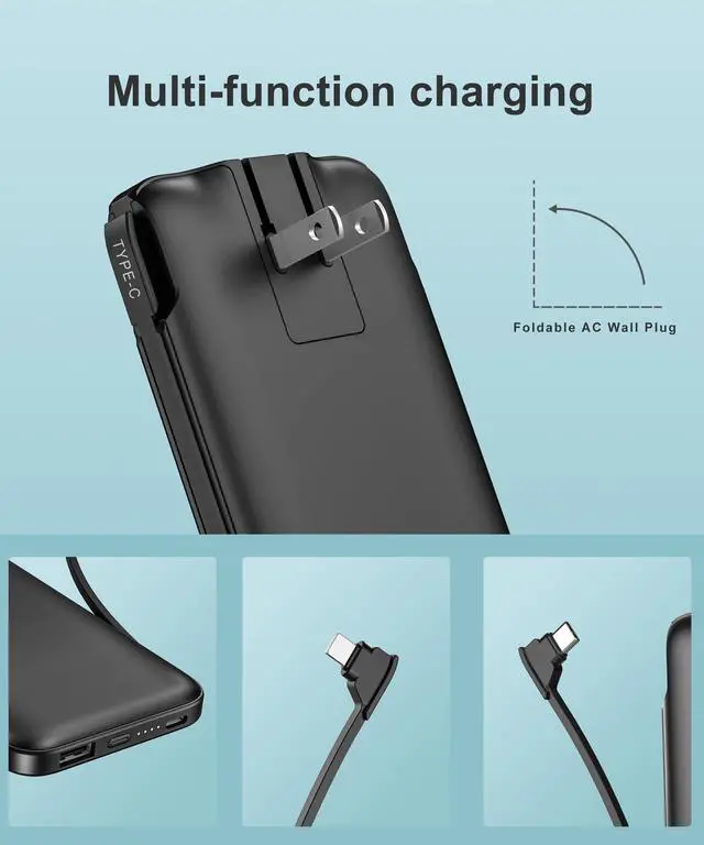 Alt view image 2 of 7 - 2-Pack 10000mAh Phone Portable Charger Power Bank, Built in Cable and AC Wall Plug, Fast Slim USB C Charging Battery Pack Travel Essentials Compatible with iPhone, Android, Black & Pink