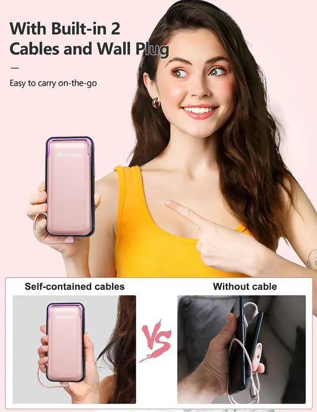 Alt view image 7 of 7 - 2-Pack 10000mAh Phone Portable Charger Power Bank, Built in Cable and AC Wall Plug, Fast Slim USB C Charging Battery Pack Travel Essentials Compatible with iPhone, Android, Black & Pink