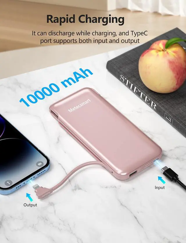 Alt view image 5 of 7 - 2-Pack 10000mAh Phone Portable Charger Power Bank, Built in Cable and AC Wall Plug, Fast Slim USB C Charging Battery Pack Travel Essentials Compatible with iPhone, Android, Black & Pink
