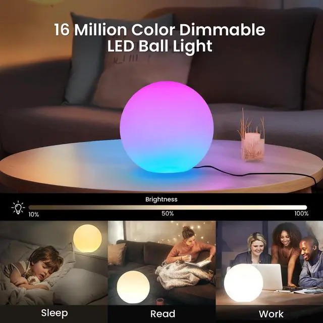Alt view image 2 of 6 - Color Changing Night Light, Smart LED Lamp with Bluetooth APP and Remote Control, 220 Scene Modes, 8-inch RGB Ball Mood Lighting for Living Room (Corded Electric)