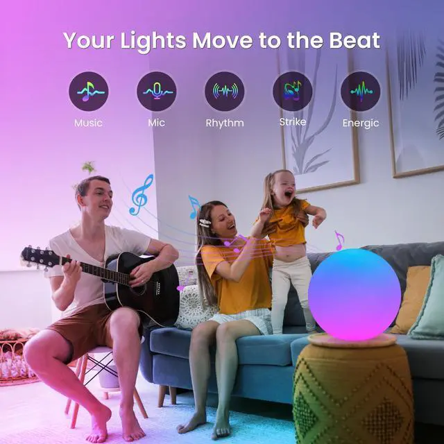 Alt view image 3 of 6 - Color Changing Night Light, Smart LED Lamp with Bluetooth APP and Remote Control, 220 Scene Modes, 8-inch RGB Ball Mood Lighting for Living Room (Corded Electric)