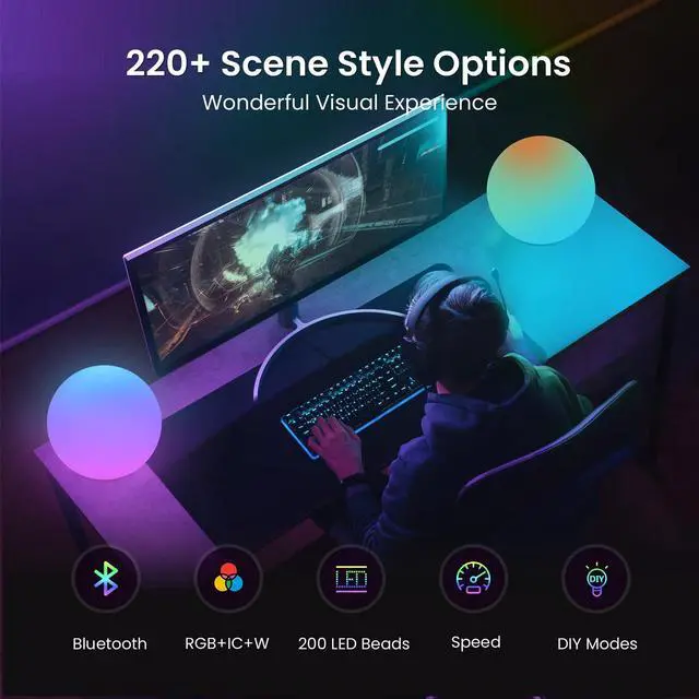 Alt view image 4 of 6 - Color Changing Night Light, Smart LED Lamp with Bluetooth APP and Remote Control, 220 Scene Modes, 8-inch RGB Ball Mood Lighting for Living Room (Corded Electric)