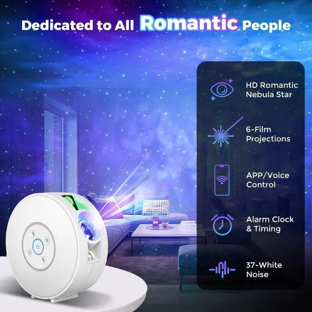 Alt view image 2 of 7 - Smart Star Light Projector,Galaxy Projector with 6 Projection Slide,Smart APP & Voice Control Rotatable Galaxy lamp with 24H Timer and 37 White Noises Cloud Light Gift for  Room Decor(White)