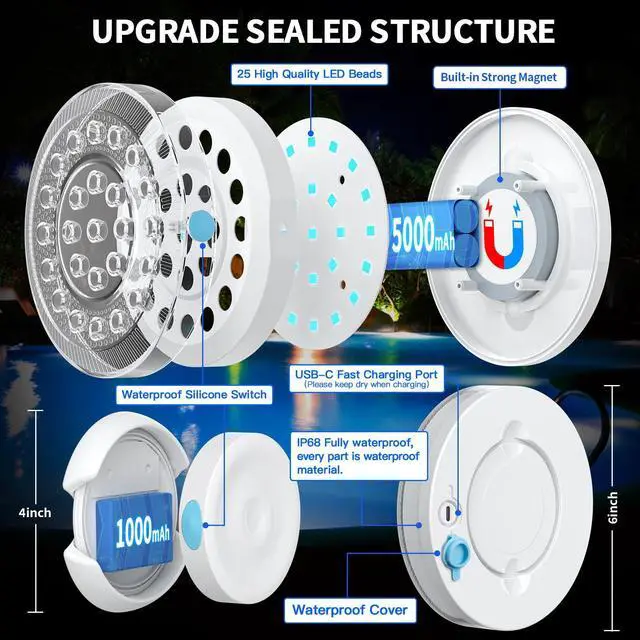 Alt view image 4 of 7 - Pool Light, Rechargeable Smart Magnetic Underwater Floating Lights with Remote Control & APP, 4000mAh 300+ Dimmable IP68 Waterproof Light for Above/In Ground Swimming Pools, Ponds, Bathtubs, Party