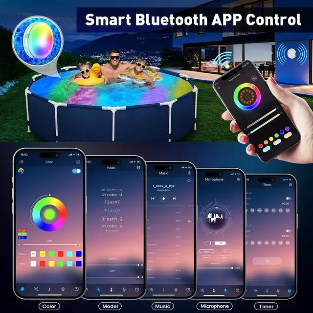 Alt view image 3 of 7 - Pool Light, Rechargeable Smart Magnetic Underwater Floating Lights with Remote Control & APP, 4000mAh 300+ Dimmable IP68 Waterproof Light for Above/In Ground Swimming Pools, Ponds, Bathtubs, Party