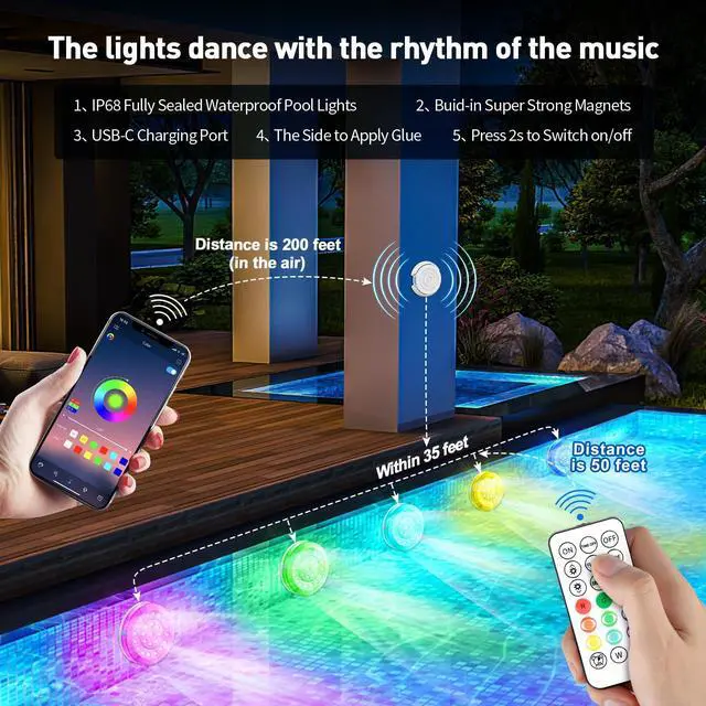 Alt view image 6 of 7 - Pool Light, Rechargeable Smart Magnetic Underwater Floating Lights with Remote Control & APP, 4000mAh 300+ Dimmable IP68 Waterproof Light for Above/In Ground Swimming Pools, Ponds, Bathtubs, Party
