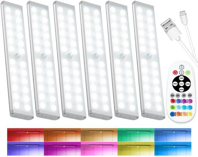 Main image of 58-LED Motion Sensor Under Cabinet Lights Wireless, RGB Closet Light Night Lights Remote, 1100mAh Rechargeable Under Cabinet Lighting Counter Lights for Indoor Kitchen, Stair (6 Packs)