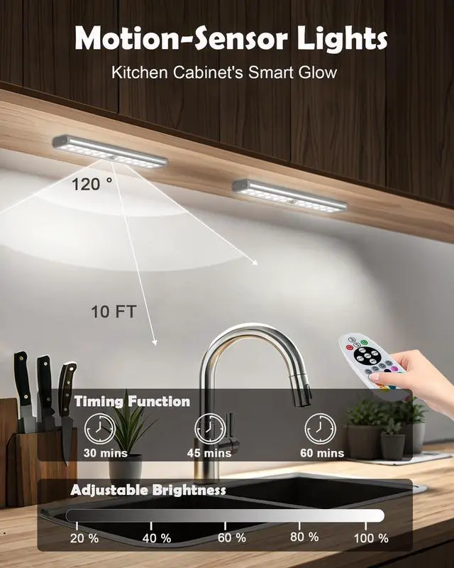 Alt view image 2 of 7 - 58-LED Motion Sensor Under Cabinet Lights Wireless, RGB Closet Light Night Lights Remote, 1100mAh Rechargeable Under Cabinet Lighting Counter Lights for Indoor Kitchen, Stair (6 Packs)