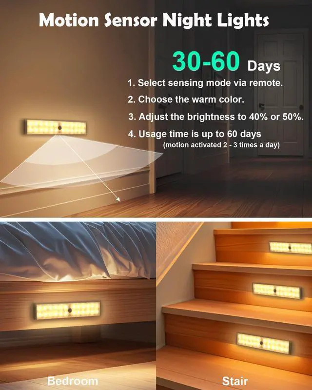 Alt view image 4 of 7 - 58-LED Motion Sensor Under Cabinet Lights Wireless, RGB Closet Light Night Lights Remote, 1100mAh Rechargeable Under Cabinet Lighting Counter Lights for Indoor Kitchen, Stair (6 Packs)