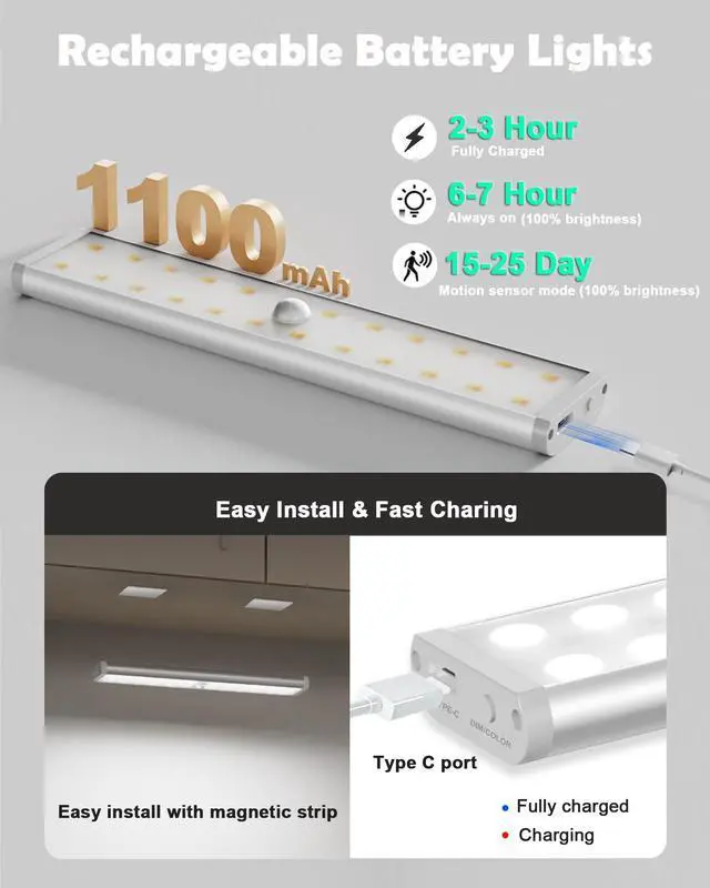 Alt view image 7 of 7 - 58-LED Motion Sensor Under Cabinet Lights Wireless, RGB Closet Light Night Lights Remote, 1100mAh Rechargeable Under Cabinet Lighting Counter Lights for Indoor Kitchen, Stair (6 Packs)