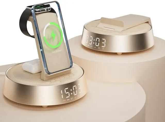 Main image of 7 in 1 Wireless Charging Station, Alarm Clock for Bedroom with Dimmable Night Light Bluetooth Speaker, Dock Station for iPhone 16 15 14 13 12 11 Pro Max, Apple Watch, AirPods Pro