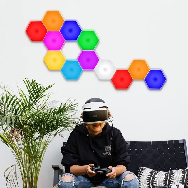 Alt view image 2 of 6 - Hexagon Lights, Smart LED Wall Lights with Remote, 13 Colors Touch-Sensitive DIY Modular Assembled RGB Wall Panels, Hex Light with USB-Power for Autism, Game Room Decor, Party (10 Pack)
