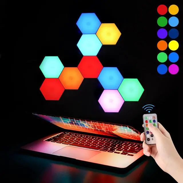 Alt view image 4 of 6 - Hexagon Lights, Smart LED Wall Lights with Remote, 13 Colors Touch-Sensitive DIY Modular Assembled RGB Wall Panels, Hex Light with USB-Power for Autism, Game Room Decor, Party (10 Pack)